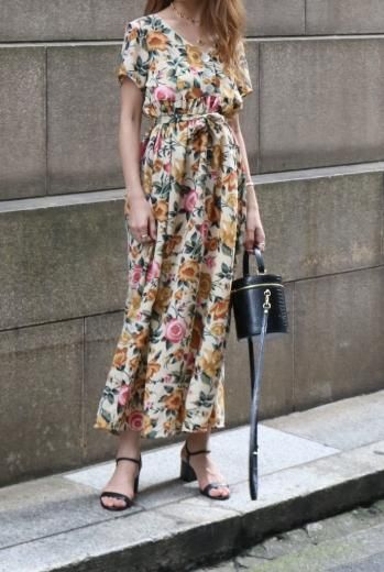 vintageV neck half shell button floral flare long dress