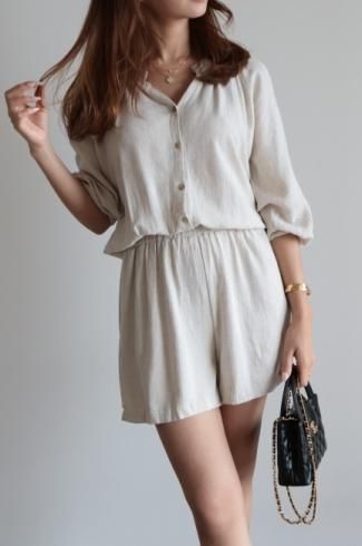 open stand collar linen mix rompers / beige