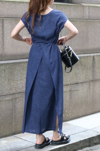 2way french sleeves linen wrap dress / navy