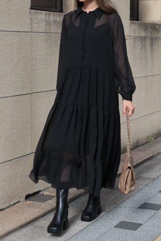 front loop button tiered chiffon dress (petticoat set) / black