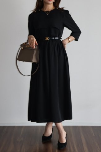 square bib collar retro flare dress / black