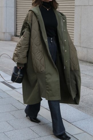 <img class='new_mark_img1' src='https://img.shop-pro.jp/img/new/icons57.gif' style='border:none;display:inline;margin:0px;padding:0px;width:auto;' />balloon sleeves quilting docking over coat / khaki