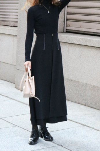 high waist front open layered flare skirt / black