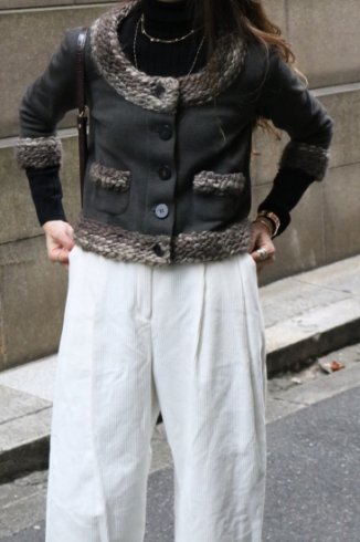 vintageFENDI / fleece wool piping no collar compact knit jacket