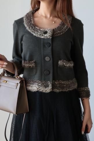 vintageFENDI / fleece wool piping no collar compact knit jacket