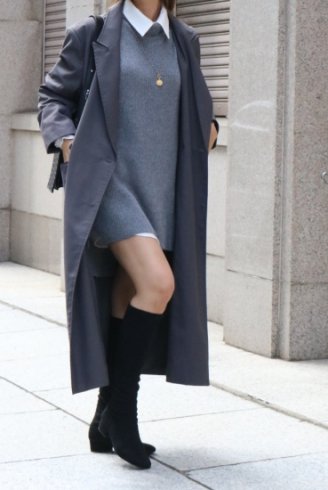 peaked lapel collar double button long jacket / gray