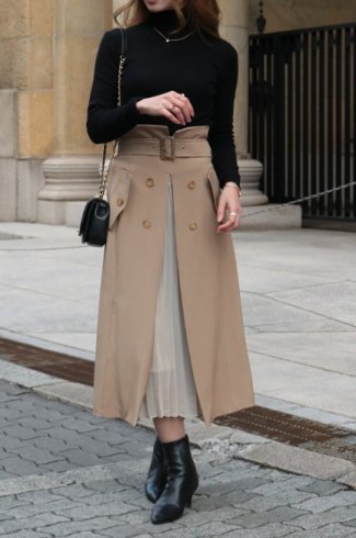front open chiffon pleats layered flare skirt (belt set) / beige