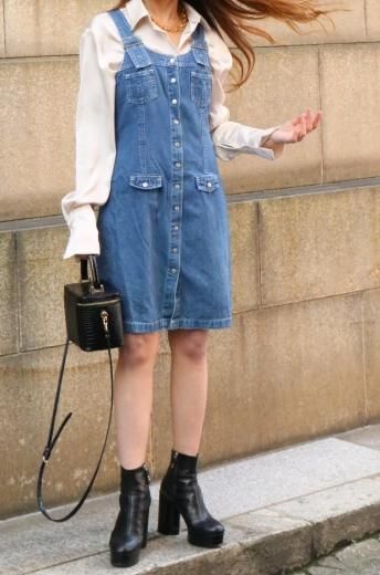 vintage round neck button down denim jumper skirt