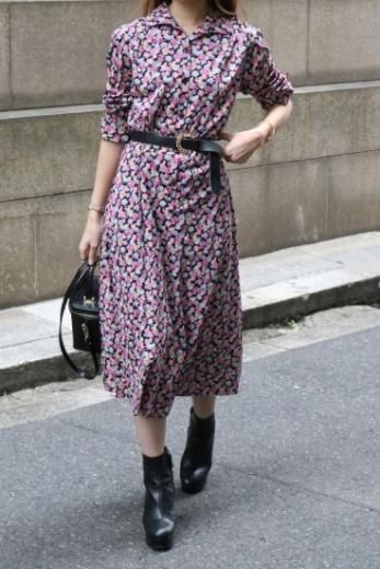 vintage round collar tuck floral flare dress