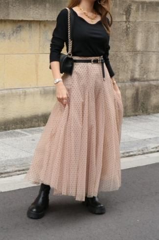 velour dot pattern pannier tulle skirt / beige
