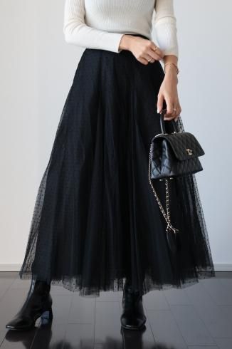 velour dot pattern pannier tulle skirt / black