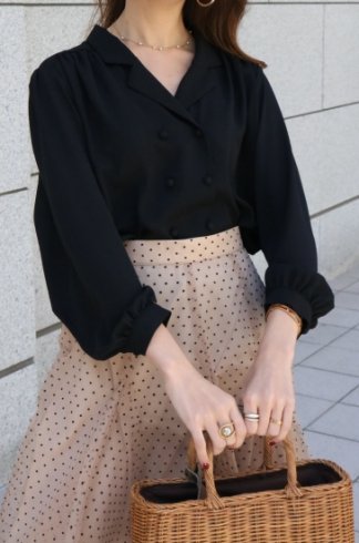 puff sleeves double button chiffon blouse / black