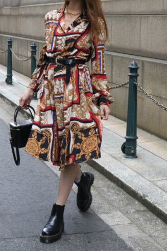 【vintage】open color scarf motif patterned flare dress