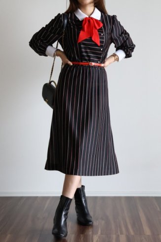 vintage90's cut away collar ribbon tie stripe flare dress