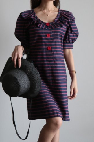 【vintage】Yves Saint Laurent / ruffled collar puff sleeve stripe dress