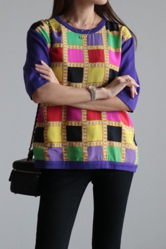 vintageCELINE / Macadam button chain motif multi color check knit tops