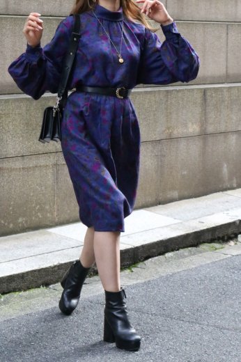 【vintage】Yves Saint Laurent / back button floral blouse ＆ flare skirt set up (long ribbon set)