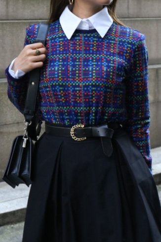 【vintage】Yves Saint Laurent / round neck multi color check knit tops