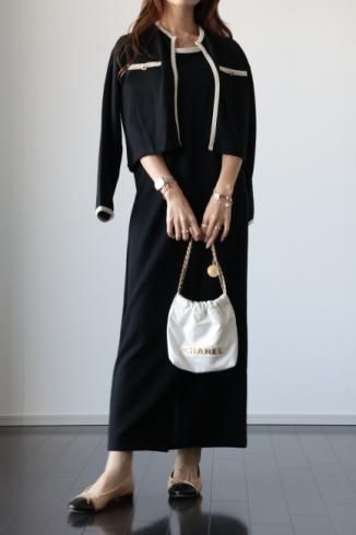 bicolor knit cardigan & sleeveless long dress set up / black
