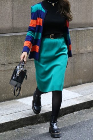 【vintage】Yves Saint Laurent / round neck multi color stripe cardigan ＆ tight skirt knit set up