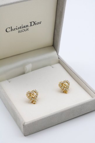 vintageChristian Dior / Dior logo heart motif rhinestone earrings