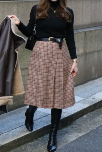 【vintage】check pattern tweed pleats skirt