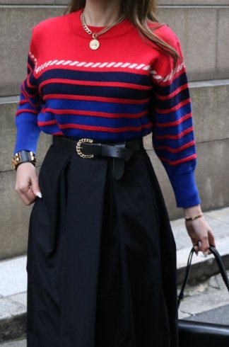 【vintage】Yves Saint Laurent / round neck stripe short knit tops