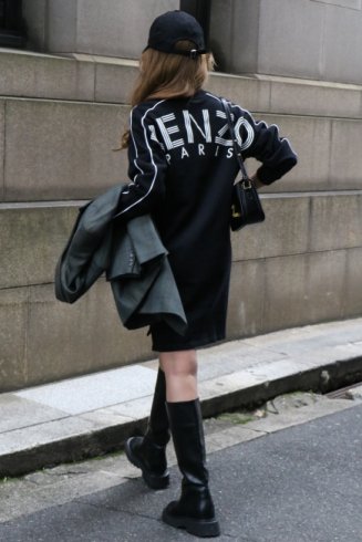 【USED】KENZO / V neck big logo print sweatshirt dress