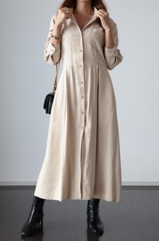 stitch design tucking buttondown rayon shirt dress / beige