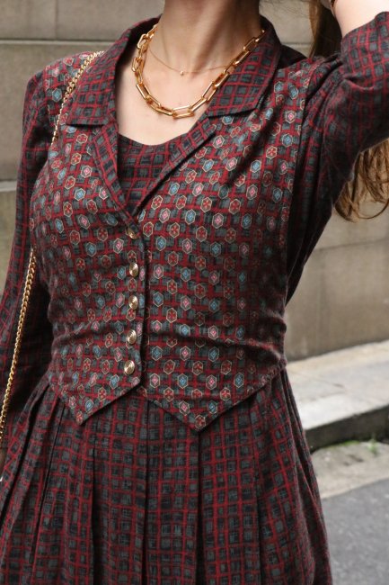 vintage】80's open collar vest docking patterned all over dress