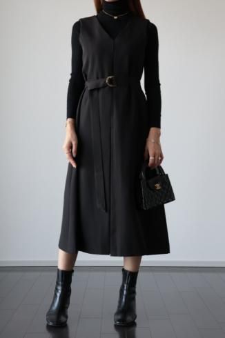inverted pleats sleeveless dress (belt set) / black