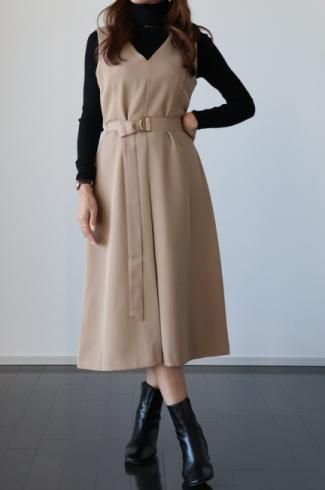 inverted pleats sleeveless dress (belt set) / beige