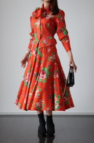 vintageKENZO / front ribbon tie blouse & circular long skirt 2 pieces set