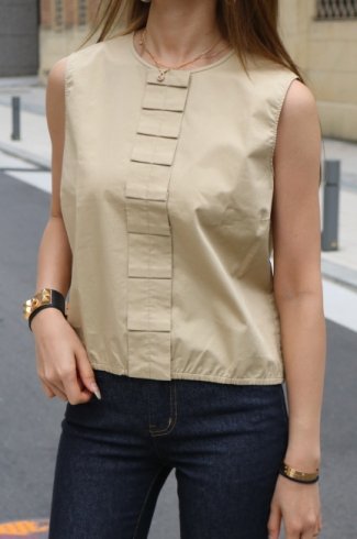 【vintage】KENZO / round neck center pleats design sleeveless cotton tops