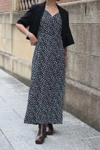 heart cut neck puff sleeves leopard long dress / black