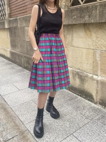 vintageYves Saint Laurent / multi color over check gather yoke skirt