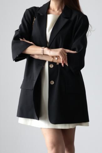 notched lapel collar linen mix long jacket / black