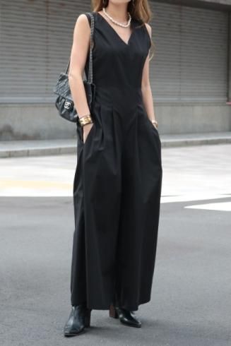 high waist wide pants back ribbon all in one / black