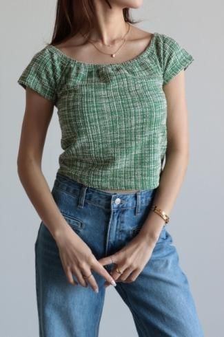 2way off shoulder tweed short tops / green