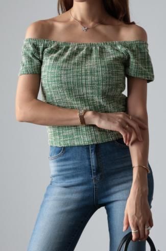 2way off shoulder tweed short tops / green