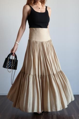high waist tiered volume maxi skirt / beige