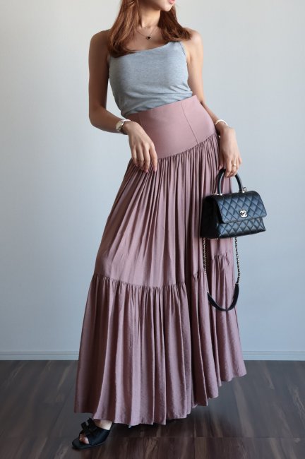 High Waist Tiered Volume MAXI Skirt / Pink Brown - Madder Vintage