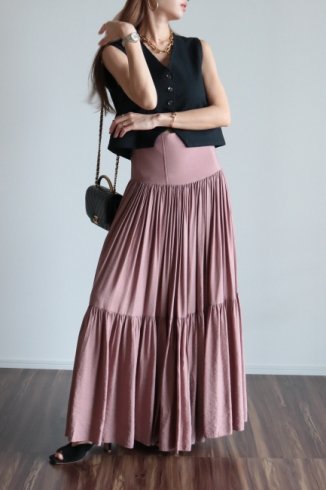 high waist tiered volume maxi skirt / pink brown
