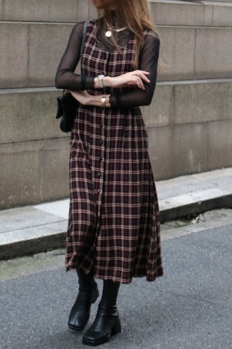 【vintage】check pattern waist ribbon buttondown dress