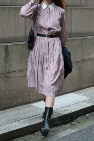 【vintage】90's narrow collar stripe pleats dress