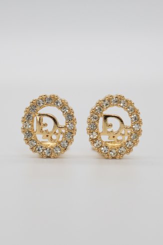 【vintage】Christian Dior / ”Dior” logo oval rhinestone earrings