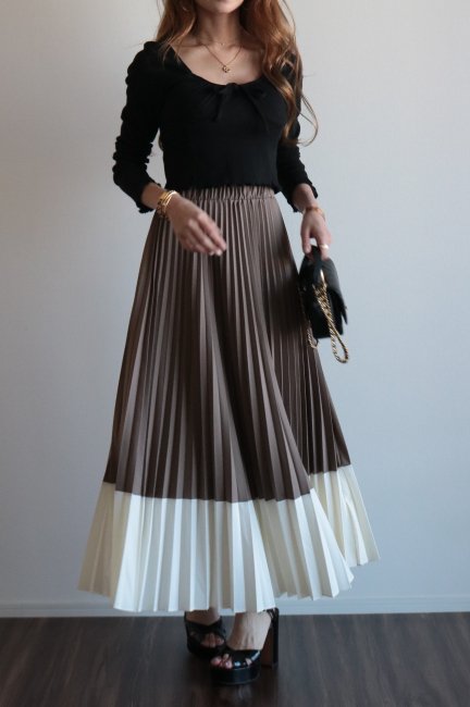 bicolor long pleats skirt / brown×ivory - Madder vintage