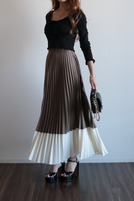 bicolor long pleats skirt / brown×ivory - Madder vintage