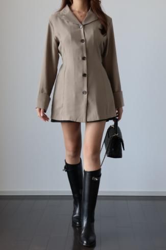 open collar wide cuffs blouse / khakibeige