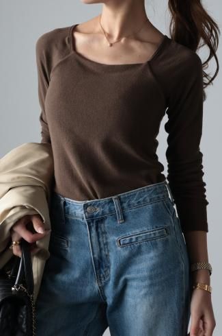 square neck raglan sleeves cup in rib tops / brown